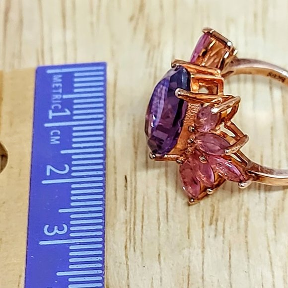 Natural Amethyst & Tourmaline Rose Gold on Sterling Silver Earrings & Ring 7.5 - Picture 15 of 15